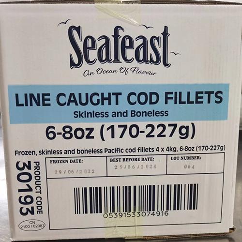 Seafeast Line Caught Cod Fillet  6-8oz 4x4KG (170-227g)